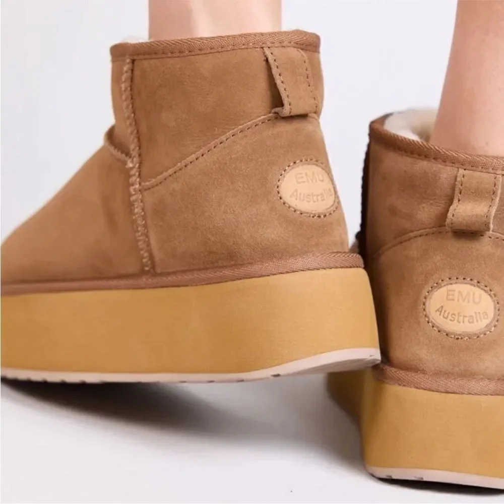 Emu Australia Stinger Micro Flatform Sheepskin Booties Slipper Boots Brown 9